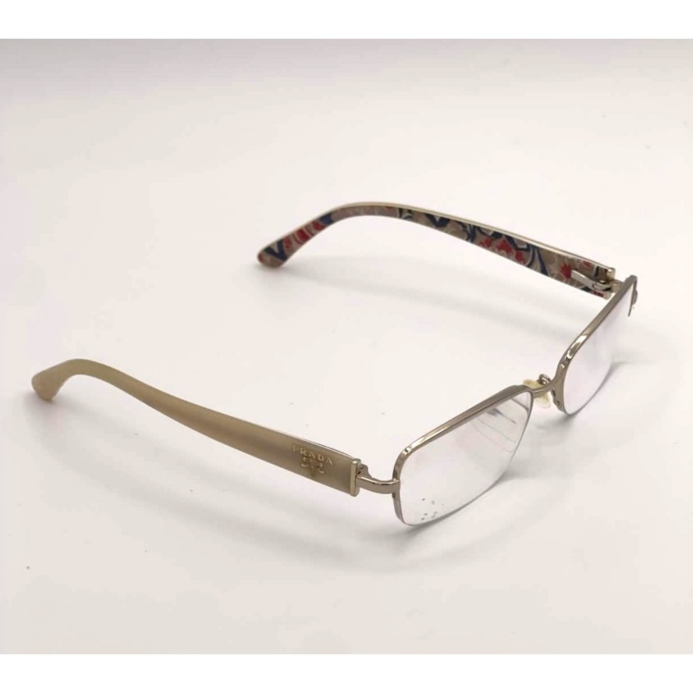 Prada Gold Half Rim Rectangular Glasses Floral Temples VPR52N 53 18 135 w/case - Picture 2 of 10
